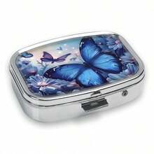 1PC Blue Butterfly Theme Pattern Metal Medicine Box - 2 Grid Portable Drug Storage Box,  Vitamin Organizer, Travel Or Handbag Decorative Gift, Lightweight Design, Special For Daily Medication - Kiểu dáng a - Xem 8