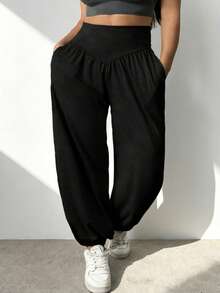 1pc Plus Size Women Casual Lantern Sports Jogger Pants, High Waist Elastic Waistband Design No Bulging, Side Pockets, Elastic Leg Openings Flattering Leg Silhouette, All-Match Daily & Workout Essential Pants, Spring/Summer - Black - View 3