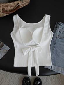 Sexy Spaghetti Strap Cropped Tank Top, Fitted Bowknot Sleeveless Camisole For Women - White - View 9