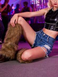 Women's Fluffy Leg Warmers - Soft & Plush Boot Covers Winter, Halloween And Santa Claus Costumes - màu nâu - Xem 2