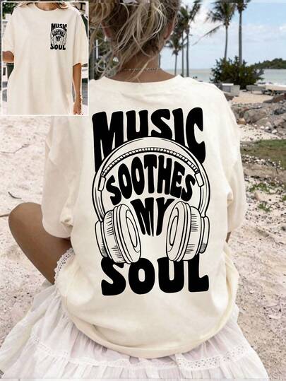 Camiseta de manga corta con cuello redondo y estampado "La música calma mi alma" para tallas grandes