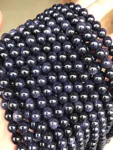 1串天然散珠圆形深蓝色星系砂岩宝石念珠，夜空蓝金砂石珠，适用于DIY首饰制作，尺寸4毫米、6毫米、8毫米 - 藍色 - 查看 8