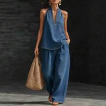 2026 Autumn New Women's Clothing European And American Style Suit Lapel Retro Buckle Denim Top With Wide-Leg Jeans,Conjunto Para Mujer - 淺牛仔 - 查看 3