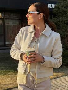 Chaqueta de tweed blanco para mujer con cremallera frontal y bolsillos, estilo de calle para otoño, invierno y primavera - Blanco - Ver 7