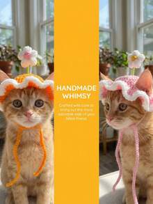 Handmade Crochet Cat Hat With Flower - Cute Ruffled Pet Hat Suitable For Small Dogs & Cats, Fashionable Woven Sun Hat, Pet Clothing Accessory Suitable For Birthday Party And Photography - Multicolor - View 5