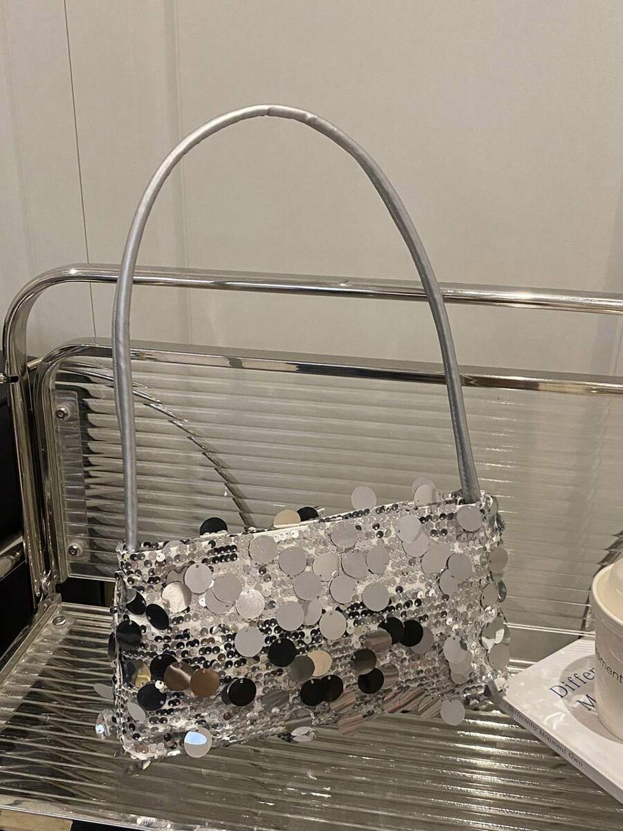 Bolso de hombro con lentejuelas de moda, nuevo bolso de hombro con estilo, embrague de noche con lentejuelas personalizado y sencillo - Plateado - Ver 1