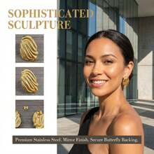 金色波浪纹耳环，可爱复古不规则形状耳钉，适合女性和年轻女孩佩戴 - 金色 - 查看 12