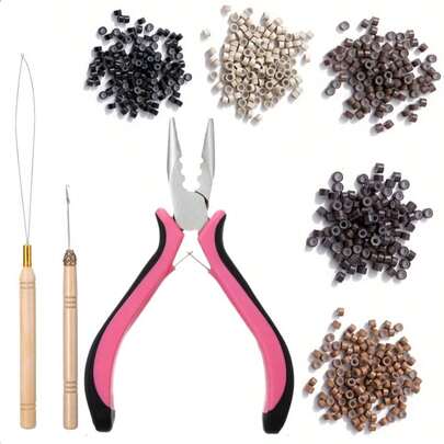 Hair Extensions Plier Tip Tool Home Micro Rings Hook Needle Styling Feather DIY Multi Functional Pulling Loop Beads Full Kit 3 PiecesSet For Hair Extender: Pliers, Micro Needle Puller, And Looper Hair Extension Ring And Buckle Three Hole Pliers