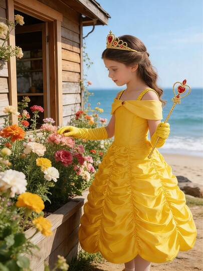 Đầm công chúa hai dây cho bé gái, đầm satin không dây vai kèm phụ kiện, bộ đầy đủ độc quyền dành cho bé gái, thích hợp cho Halloween, lễ hội hóa trang, tiệc hóa trang và các dịp khác.