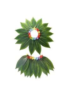 1件绿色10叶夏威夷草裙，1件绿色15叶夏威夷草裙，女士及女孩夏季沙滩派对服装 - 布藝樹葉裙 - 查看 3