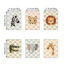1/6pcs Vintage Checkered Animal Wall Art Decor, Nursery Canvas Print, Danish Macaron Color Tone Painting Poster, Cute Decorative Painting For Boys And Girls Bedroom, Unframed - Multicolor - View 28