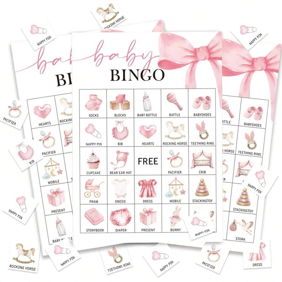 33pcs Pink Bow Baby Shower Bingo Game, 24pcs Pink Bingo Cards Suitable For Gender Neutral Party Games And Decorations - Bow - View 1
