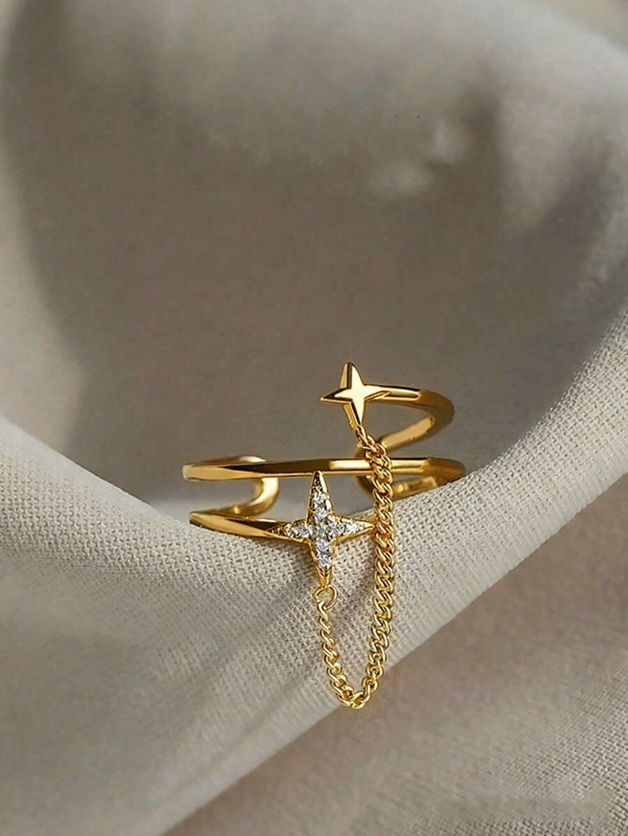 1pc Double Layer Cross Chain Meteor Ring, Unique Statement Design, - Yellow Gold - View 1