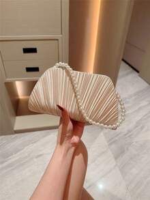 Moonlit Eve Bag, 1 Piece Minimalist Pleated Satin Clutch, Romantic Pearl Handbag, Suitable For Parties, Weddings, Graduation Galas, Can Be Paired With Holiday Outfits, Evening Gowns And Sequin Dresses - Apricot - View 3