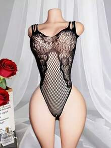性感渔网无袖连体衣，镂空网纱丁字连体衣，女士性感内衣 - 黑色 - 查看 1