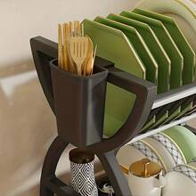 1 pieza Estante de cocina de plástico, Escurridor y organizador multifuncional de tazones y platos, Organizador de cubiertos de doble capa - Multicolor - Ver 6