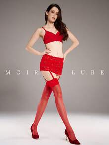 1双女士性感蕾丝吊袜带长筒袜，及膝款式 + 吊袜带配件 - 紅色 - 查看 5
