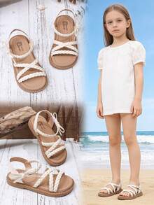 Dép xăng đan đế bằng cho trẻ em có khóa dán - Giày dép mùa hè thoải mái, thoáng khí. - trắng - Xem 3