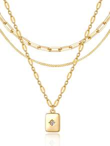 3pcs/Set Kalung Liontin Berlapis Rantai Bilah Pipih Kawat Emas Stainless Steel, Dengan Liontin Klip Kertas Persegi Emas, Cocok Untuk Wanita Kenakan Saat Liburan dan Pesta - Yellow Gold - View 5