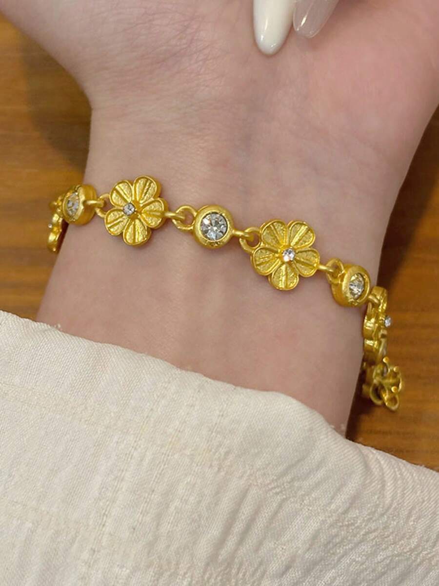 1pc Bohemian Style Inlaid Floral Patchwork Bracelet, Fashionable Luxury Elegant Floral Bracelet, Gift For Women - Gold - View 1