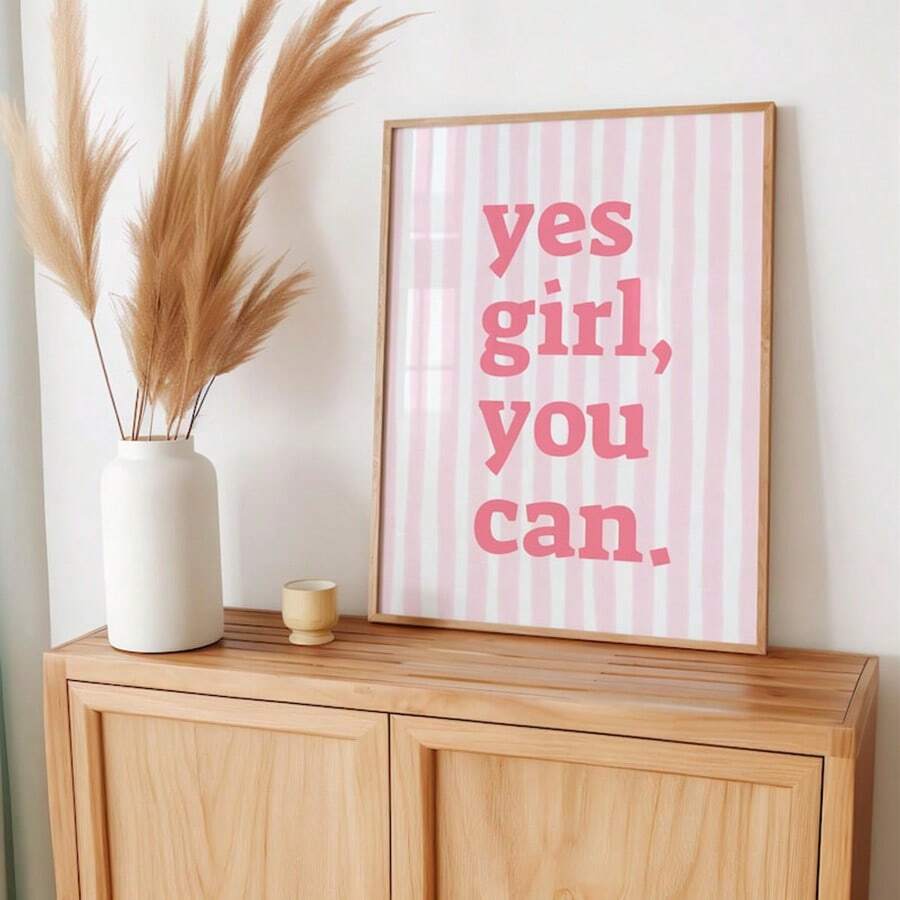 1幅“Yes Girl You Can”励志名言帆布画，粉色字体，适合卧室、客厅、公寓、宿舍等场所，可作墙面装饰，送给她的礼物，不含画框。 - 彩色 - 查看 1