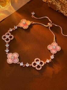 1 件优雅玫瑰金粉色珐琅四叶草花朵可调节手链，镶嵌透明立方氧化锆，女士派对礼物 - 金色 - 查看 7