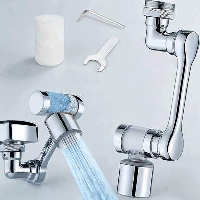 Vòi bếp xoay 1440° có tấm chắn nước, hai chế độ phun, bộ lọc tích hợp, kèm cờ lê, thích hợp cho phòng tắm và nhà bếp, dễ dàng lắp đặt.