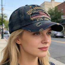 250th Anniversary USA Independence Distressed Denim Baseball Cap, Adjustable Patriotic Hat - A - View 2