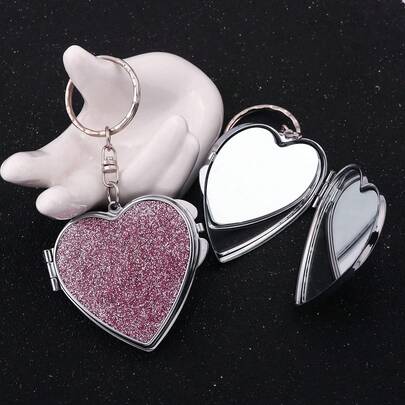 1 pieza Espejo de maquillaje plegable con llavero, espejo de maquillaje portátil con forma de corazón y anillo para llave, herramienta cosmética