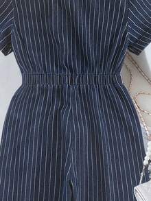 少女海军蓝牛仔连体裤，夏季新款条纹印花纽扣翻领短袖休闲连体裤 - 深色水洗藍 - 查看 10
