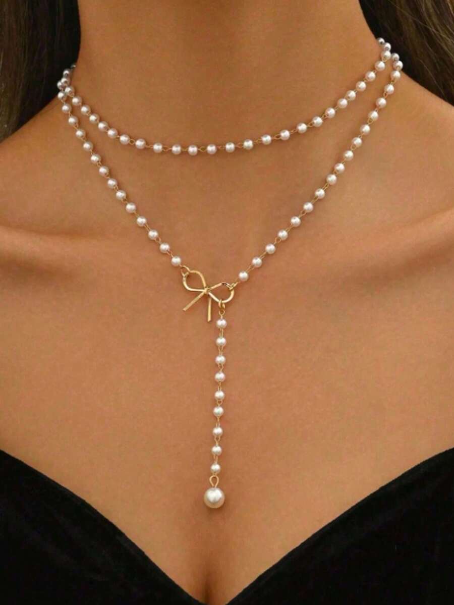 2pcs/Set Classic Versatile Layered Faux Pearl Necklace, Minimalist & Fashionable, Ideal As Holiday Gift, Suitable For Daily Wear - Gold - View 1