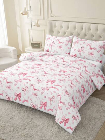 3件套粉色蝴蝶结爱心图案被套套装（1个被套+2个枕套，不含被芯和枕头），柔软透气，少女卧室装饰