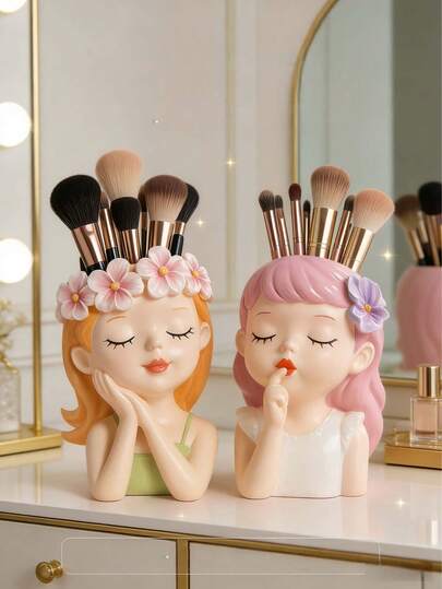 1/2个树脂花朵化妆刷收纳盒 - 可爱梳妆台收纳盒，适用于书桌、梳妆台和浴室 | 妇女节、毕业典礼、生日、夏季清新、海滩度假、浴室、卧室的完美礼物，大容量