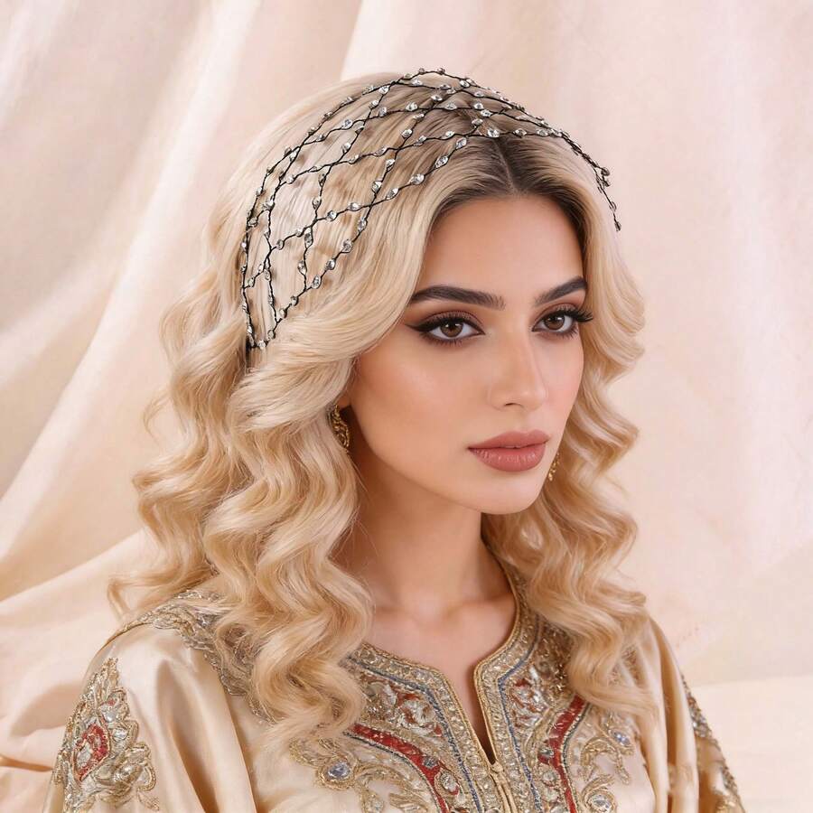 Bridal Fashion Hair Accessories: Handmade Diamond-Shaped Mesh Beaded Headband - Multicolor - View 1