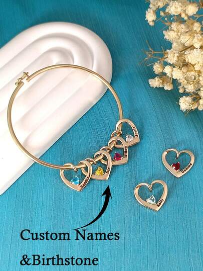 Pulsera personalizada con piedra natal, pulsera personalizada con nombre, pulsera con colgante en forma de corazón, pulsera con árbol genealógico, pulsera exquisita, regalo de cumpleaños, joyería con piedra natal en forma de corazón, joyería con nombre familiar, regalo para mamá