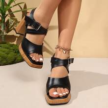 1双女士纯黑色户外PU皮革木纹搭扣凉鞋，优雅交叉踝带粗跟凉鞋，百搭夏季鞋款 - 黑色 - 查看 6