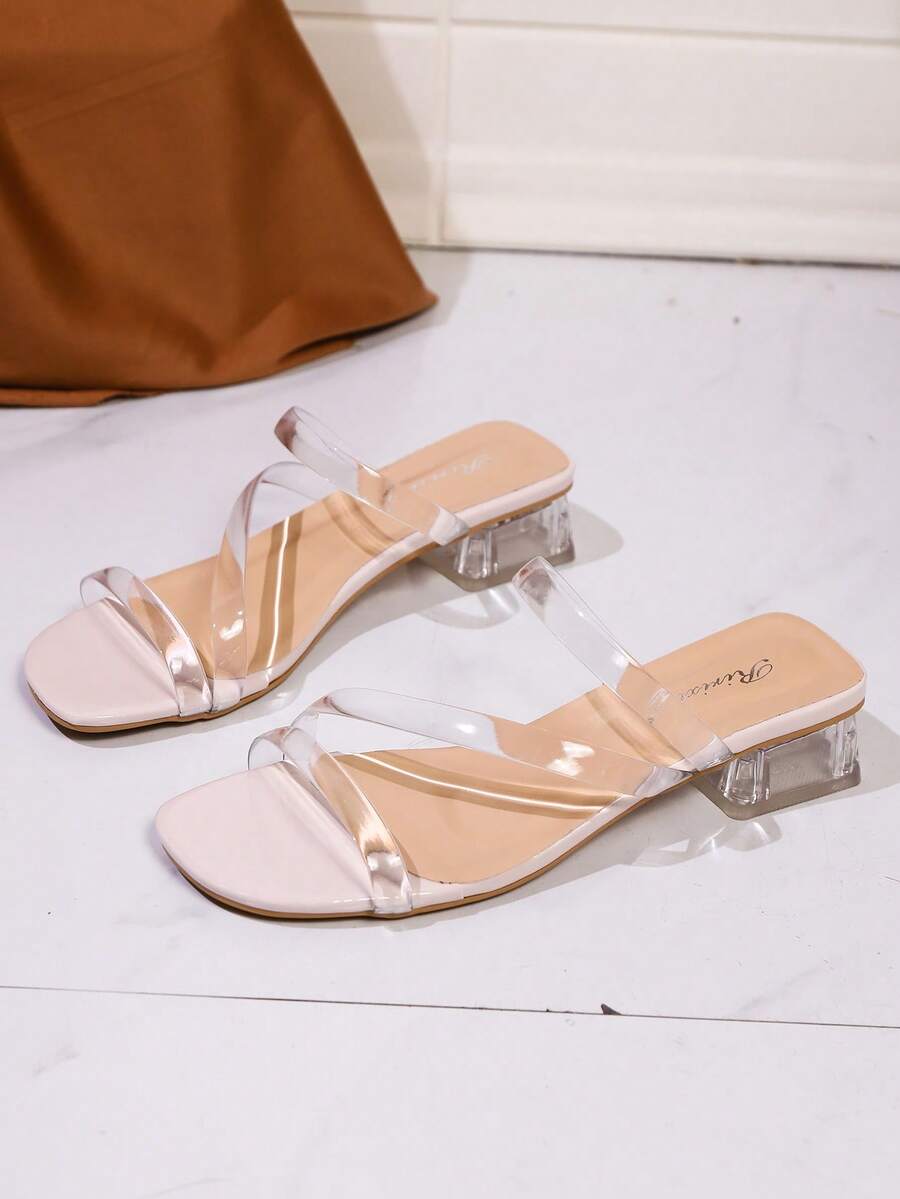1 đôi sandal đế bằng quai trong suốt, gót thấp, kiểu dáng tối giản, thích hợp cho kỳ nghỉ hè của tuổi teen. - Trong sáng - Xem 1