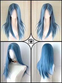 28 Inch U-Part Lace Front Blue Long Straight Center Parting Synthetic Wig, Suitable For Holidays, Parties Or Cosplay - Dusty Blue - View 4