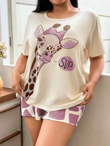 Plus Size Women's Casual Lightweight Pajama Set, Comfortable Round Neck Cartoon Giraffe Print Short Sleeve Top And Shorts, Cozy & Cute Home Wear - Multicolor - View 4