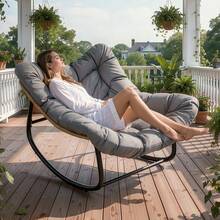 GartistGo Wide Egg-Shape Rocking Chair With Hand-Woven Rattan & Water-Resistant Cushion, Indoor&Outdoor Lounger, 350 Lb Load Capacity - Grey - View 2