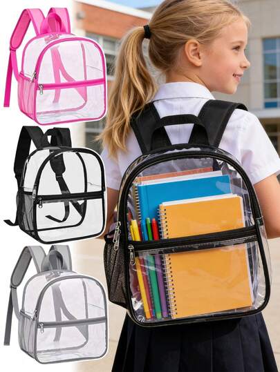 1pc Transparent Backpack, PVC Clear Backpack, Mini Transparent Backpack, Kids Transparent Backpack, Student Transparent Backpack, See-Through Backpack, School Backpack, Security Check Backpack, Sports Venue Backpack, Travel Backpack, Commuter Backpack, Pool Backpack, Beach Backpack, Event Backpack, Work Backpack, Lightweight Backpack, Breathable Mesh, Adjustable Shoulder Straps, Front Zipper Pocket, Side Mesh Pockets, Reinforced Straps, Suitable For Boys And Girls