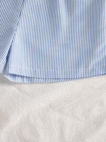 Conjunto de verão feminino com duas peças: conjunto sem mangas com estampa floral e listras em estilo retrô, ideal para atividades ao ar livre. - Azul - Ver 4