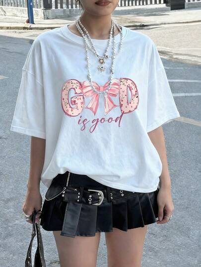 Women's Summer New Bow Pattern And Letter Print Round-Neck Short-Sleeve T-Shirt, Casual Loose Versatile Top, Fashionable Daily Wear White