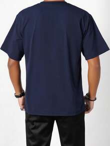 Men's Summer Geometric Line & Letter Graphic Print Loose Fit Pullover Sweatshirt, Navy Blue - Navy Blue - View 2