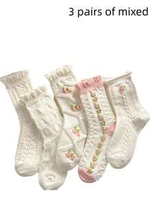 5/3/1 Pairs Randomly Shipped Women's Floral Ruffle Fashion Mid-Calf Socks, Suitable For Daily Wear - Multicolor - View 7
