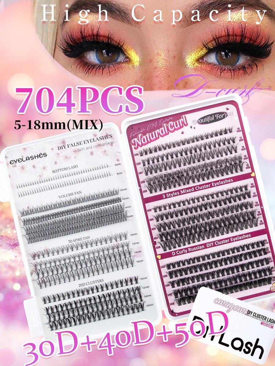 704片假睫毛，D卷度，5-18毫米大容量DIY睫毛簇，自然妆效，下睫毛，便携，高品质单簇假睫毛，化妆用品，3D效果睫毛簇，30D+40D+50D - D - 查看 1