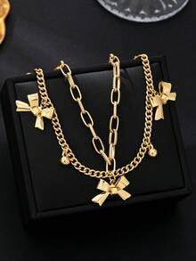 1 pieza Tobillera de doble capa con lazo, bola dorada y borla, diseño bohemio de resort de playa, joyería de regalo para mujer para fiestas/vacaciones - Amarillo Oro - Ver 4