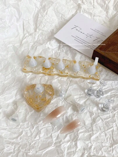 Nail Art Decorations, Gradient Pink Blue White Red Pink Oval & Rectangular Shapes With 5pcs Golden Alloy Holders, Korean Nail Jewelry Accessories, Nail Art Display Tools And Props