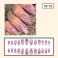 提升您的整体造型，24片装中杏仁形全覆盖哑光猫眼假指甲，花卉灵感设计：粉色和紫色指甲，简约、浪漫、时尚的美甲贴片 - 西瓜粉 - 查看 9