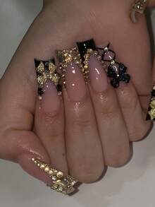 Bộ 10 móng tay giả acrylic vuông dài thủ công, phong cách Y2K Goth, màu đen đậm kiểu Pháp với nơ vàng và đá pha lê màu sâm panh, họa tiết vẽ tay tinh tế, có thể tái sử dụng. Bộ móng tay giả acrylic tự làm dành cho nữ và bé gái, thích hợp sử dụng hàng ngày và dự tiệc. - Rượu sâm banh - Xem 3